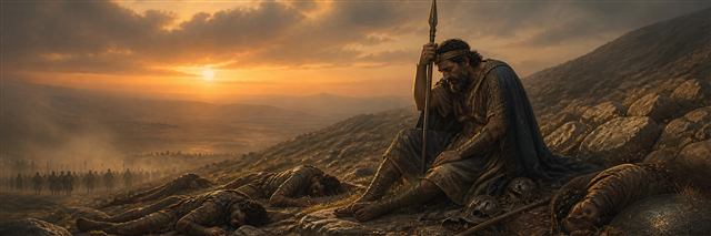King Saul seated in grief among fallen warriors on Mount Gilboa at dusk